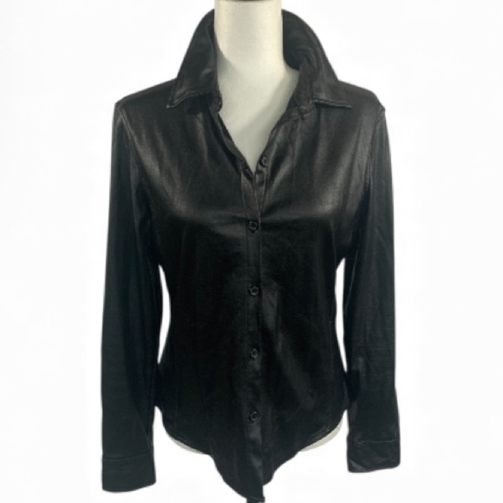 NY Jeans Shirt Shacket Coated Leatherette Fabrication Long Sleeve Biker Black S